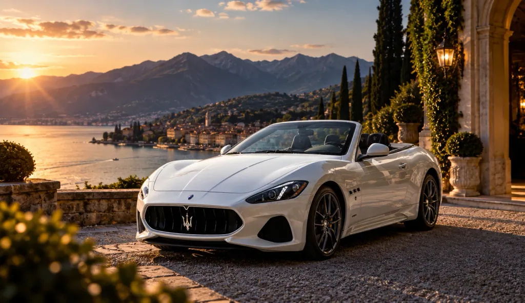 Maserati cabriolet bianca davanti a una villa sul lago, al tramonto
